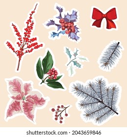 Set of Christmas stickers. Symbols of the holiday. Cartoon images of a flowers, berry, christmas tree.