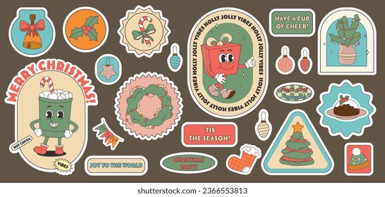 Set of Christmas stickers with Christmas tree, bell, cocoa, Santa Claus, elf, Christmas decorations. Various cute retro characters.