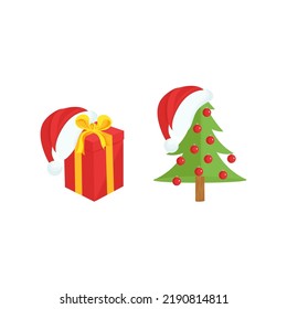 A set of Christmas stickers. A Christmas tree, a Santa Claus hat and a gift. Vector set in cartoon style on a white background.