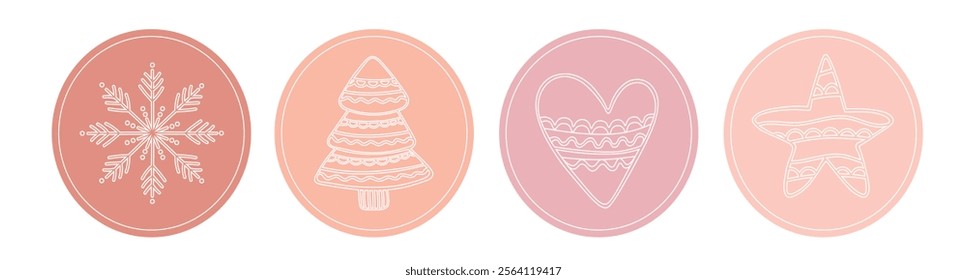 Set of Christmas stickers with Christmas tree, snowflake, star, heart in pink circle on white background in doodle style. Lace New Year elements for package design.