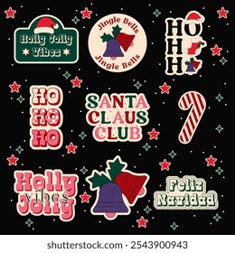 Conjunto de adesivos de Natal. Elementos de design vetorial. Coleção de Feriados. Jingle Bells, Feliz Navidad, Candy Cane, Y2K.