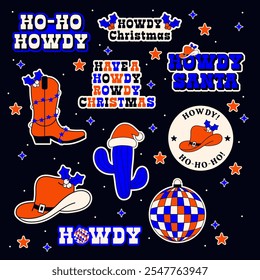 Set of Christmas Stickers. Vector Design Elements. Collection of Holidays. Xmas, Howdy, Y2K.