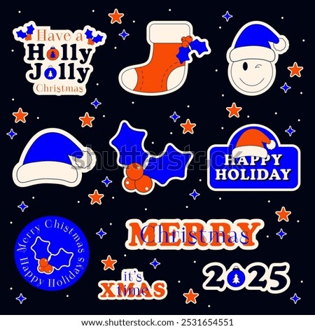 Set of Christmas Stickers. Vector Design Elements. Collection of Holidays. Xmas, New Year, 2025, Y2K.