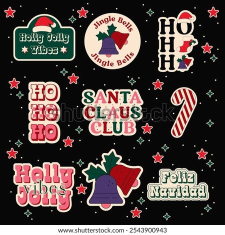 Set of Christmas Stickers. Vector Design Elements. Collection of Holidays. Jingle Bells, Feliz Navidad, Candy Cane, Y2K.