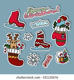 Set of christmas stickers vector. Objects isolated. Doodle. Deer head. The head of the cock, christmas sock, mitten. Lettering.