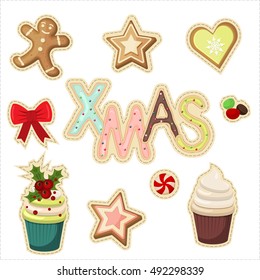 set of christmas stickers vector. Winter symbol cute cartoon merry christmas stickers set. Holiday christmas stickers greeting sweets and cookies label element. Icons set of Xmas and winter holidays.