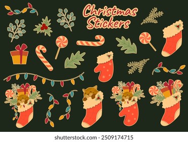 Set of Christmas stickers. Winter holiday collection of decorations elements. Happy New Year kit. Vector illustration with sweets and gifts.