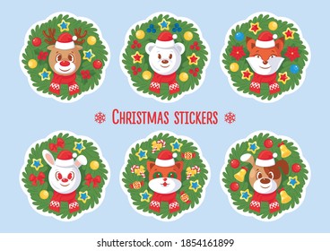 Set of Christmas stickers with wreaths, deer, bear, fox, hare, cat and dog. Isolated. Vector illustration, cartoon characters, card, sticker, print for clothes, coffee mug, decor, icon, magnet, toy
