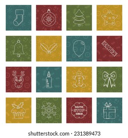 set of christmas stitched icons on square patterned tiles, isolated on white
