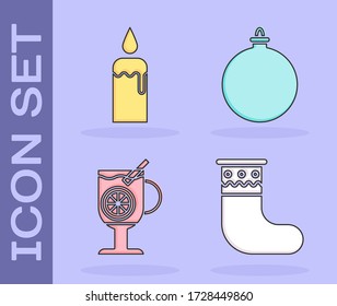 Set Christmas stocking, Burning candle in candlestick, Mulled wine with glass of drink and Christmas ball icon. Vector
