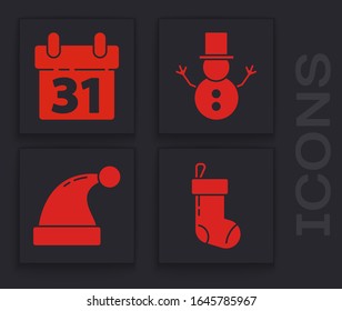 Set Christmas stocking, Calendar, Christmas snowman and Christmas Santa Claus hat icon. Vector