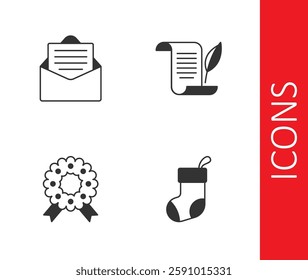 Set Christmas stocking, Envelope, wreath and  icon. Vector