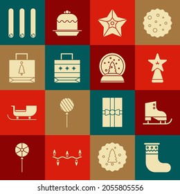 Fijar caldo de carga de Navidad, patines de la Figura, estrella, bolso de compras de papel, Tres palos rodados de canela y globo de nieve icono. Vector