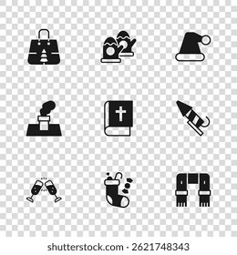 Set Christmas stocking, Firework rocket, Winter scarf, Holy bible book, Santa Claus hat, shopping bag, mittens and chimney icon. Vector