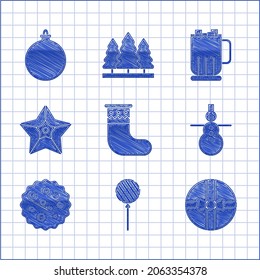 Set Christmas stocking, Lollipop, Gift box, snowman, Cookie or biscuit with chocolate, star, Hot cup marshmallows and ball icon. Vector