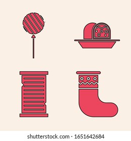 Set Christmas stocking, Lollipop, Marzipan sponge cake and Christmas wish list template icon. Vector