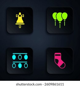 Set Christmas stocking, Merry ringing bell, lights and Balloons with ribbon. Black square button. Vector