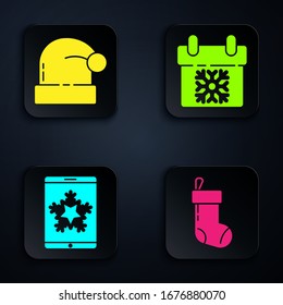 Set Christmas stocking, Christmas Santa Claus hat, Christmas on smartphone and snowflake and Calendar. Black square button. Vector