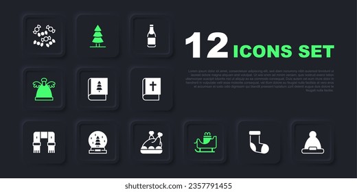 Set Christmas stocking, Santa Claus hat, book, santa claus sleigh, Angel, snow globe, tree and Roasted turkey or chicken icon. Vector