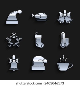 Set Christmas stocking, Santa Claus hat, Coffee cup, Meteorology thermometer measuring, Merry ringing bell, Snowflake,  and  icon. Vector