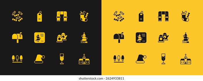 Set Christmas stocking, Santa Claus hat, mittens, Glass of champagne, postcard, Winter scarf, Candy and Discount percent tag icon. Vector