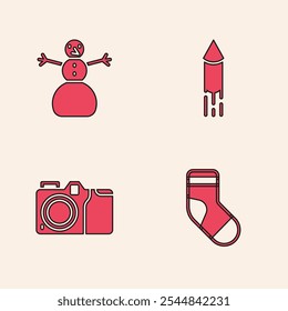 Set Christmas stocking, snowman, Firework rocket and Photo camera icon. Vector