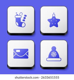 Set Christmas stocking, star, Envelope and Santa Claus hat icon. White square button. Vector