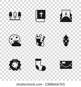 Set Christmas stocking, toy, Envelope, lights, Holy bible book and night icon. Vector