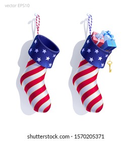 Set Of Christmas Stockings Decorated In The Style Of American Flag. 3D Realistic Vector Objects. Custom Socks Tailored By The DIY Method. Hanging Homemade Sock-shaped Bags. Empty And Filled Stockings