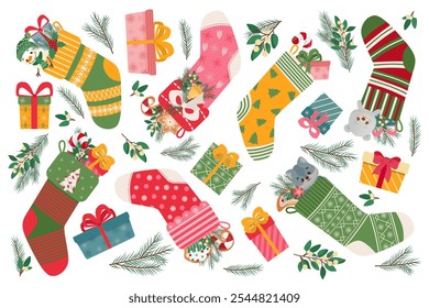 Set of Christmas stockings full of presents, toys, fir branches and sweets. Holiday decor. Vector illustration for cards, posters.