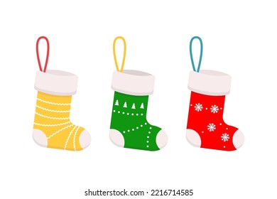 Set of Christmas stockings isolated on white background. Cartoon flat style. Vector illustration