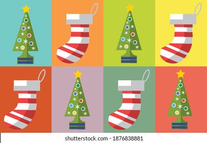 set of Christmas stockings and trees