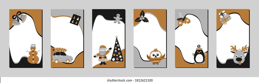 Set of Christmas stories template for social networks in the style of Scandinavian simple hand drawing. Holiday frames for photo with cute characters - Santa, reindeer, gingerbread man, snowman