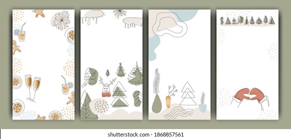 Set of Christmas stories Templates , New Year and winter, modern minimalist art, trend . Fashion illustrations vector,  One line and color shape art, space for text
