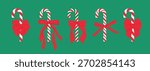 Set of Christmas striped candy cane with red bow, ribbon. Hand drawn decorative element for gift box, present, postcard, banner sale. Isolated flat vector EPS10