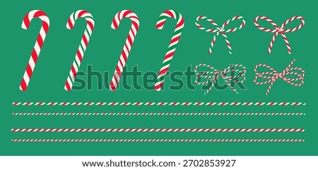 Set of Christmas striped candy cane, сotton red bakers twine bow, ribbon, packing thread. Hand drawn decorative element for gift box, present, card new year, banner sale. Isolated flat vector EPS10