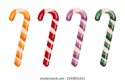 Set of Christmas striped lollipops on white background. Caramel candy cane Sweet candies Vector illustration on white background