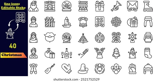 Set of Christmas stroke icons featuring holiday symbols. This line icon collection includes Santa, snowman, Christmas tree, wish list, decorations, and gifts. Editable stroke.