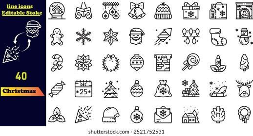 Set of Christmas stroke icons featuring holiday symbols. This line icon collection includes Santa, snowman, Christmas tree, wish list, decorations, and gifts. Editable stroke.