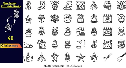 Set of Christmas stroke icons featuring holiday symbols. This line icon collection includes Santa, snowman, Christmas tree, wish list, decorations, and gifts. Editable stroke.