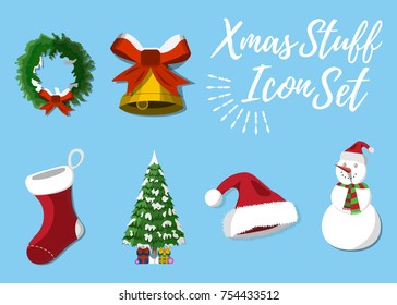 Set of Christmas Stuff. 6 label, XMas icon. Cartoon style. Vector Illustration.