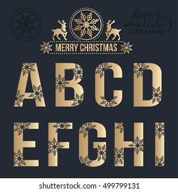 Set of Christmas stylized alphabet with snowflakes. Vector A, B, C, D, E, F, G, H, I..