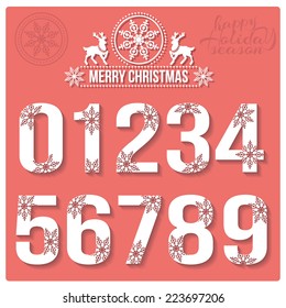 Set Of Christmas Stylized Numbers With Snowflakes. Vector 0, 1, 2, 3, 4, 5, 6, 7, 8, 9.