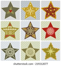  Set of Christmas stylized star on squares with dots 
