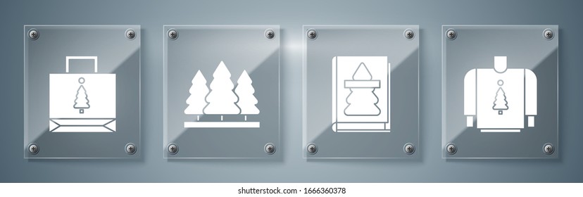 Set Christmas sweater, Christmas book, Christmas trees and Christmas paper shopping bag. Square glass panels. Vector