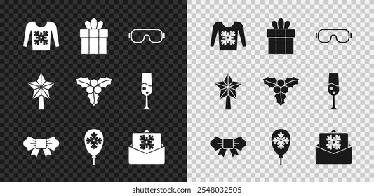 Set Christmas sweater, Gift box, Ski goggles, Bow tie, Balloons with snowflake, postcard, star and Branch viburnum icon. Vector