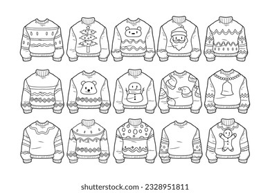 Set of christmas sweater hand drawn outline sketch illustration