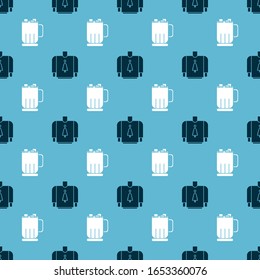 Set Christmas sweater and Hot chocolate cup with marshmallows on seamless pattern. Vector