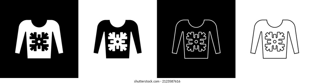Set Christmas sweater with norwegian ornaments and holidays decorations icon isolated on black and white background. Knitted winter jumper.  Vector