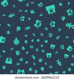 Set Christmas sweater, postcard, ball and Holiday gingerbread man cookie on seamless pattern. Vector